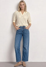 Stribet strik dame soft beige med polokrave fra Street One