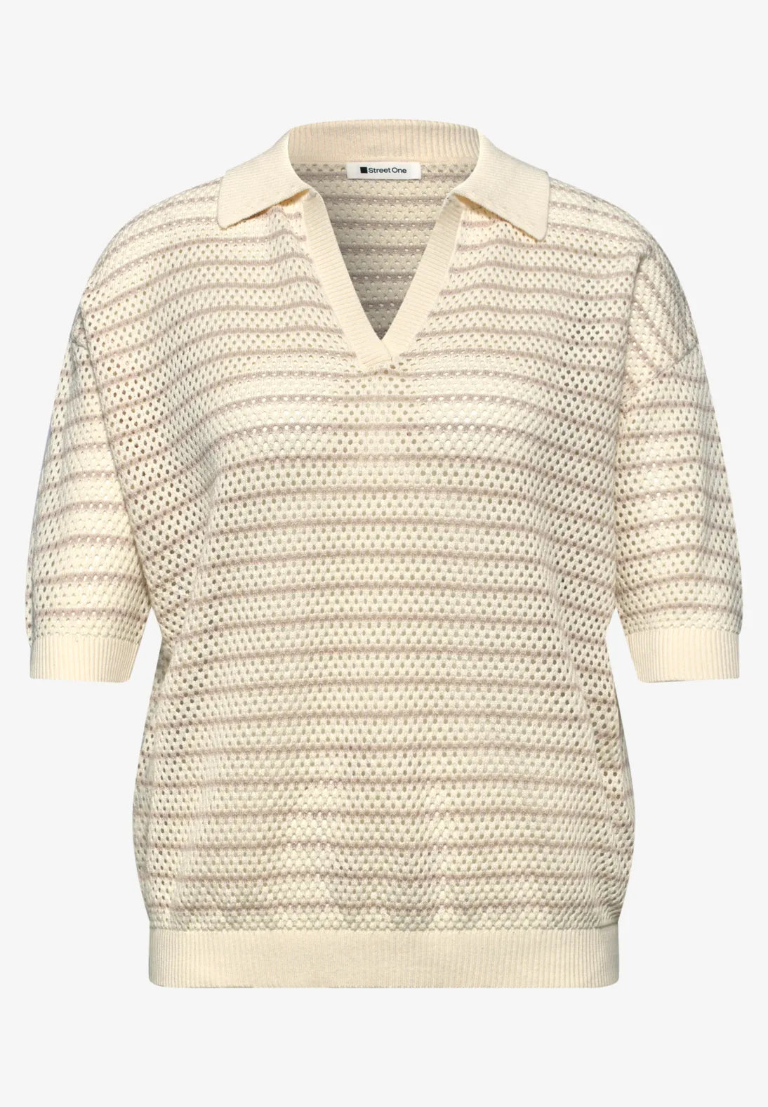 Street One striktrøje soft beige kortærmet polo top dame