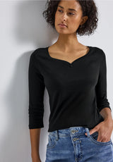 Street One LTD QR Basic Shirt – Black, rundet V-hals med knap