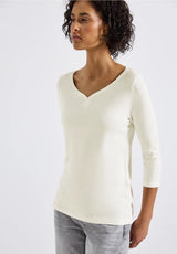 Street One LTD QR Basic Shirt – Off White, rundet V-hals med knap
