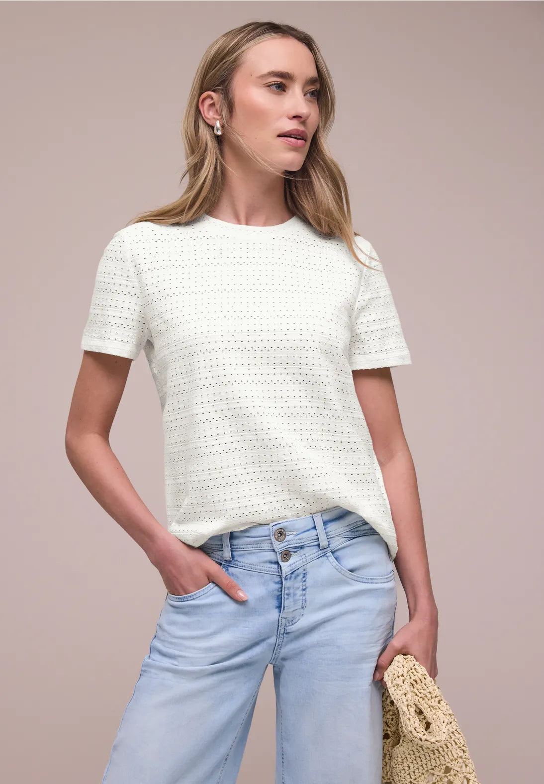 Street One summer lace t-shirt off white med hulmønster dame