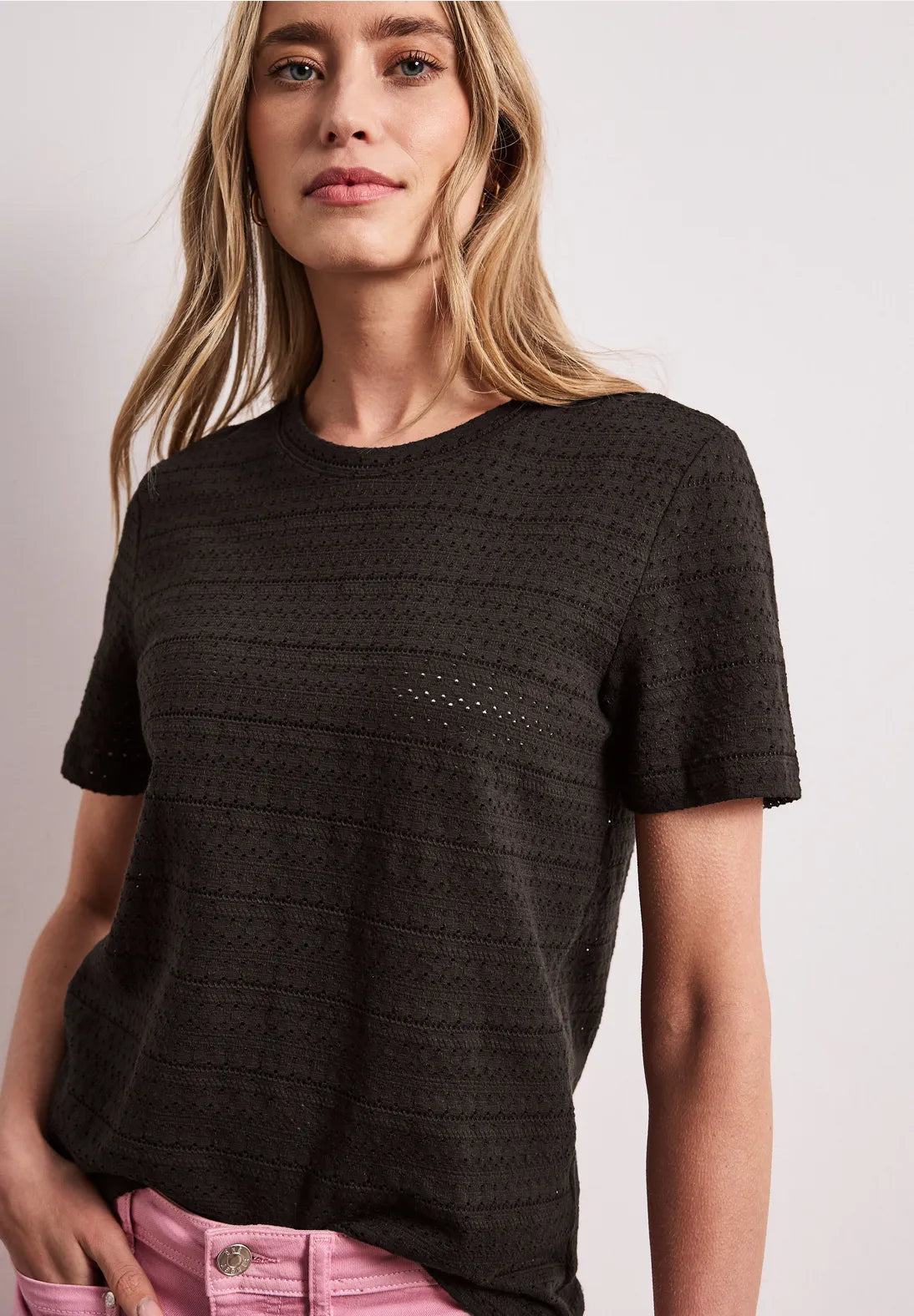 Street One summer lace t-shirt espresso brown med hulmønster dame