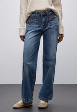 Street One 379778 wide leg high waist jeans i medium blue med påsyede lommer og spænde-detalje
