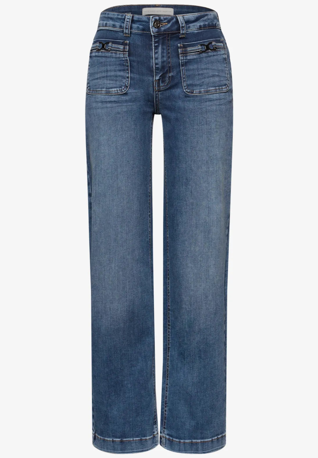 Street One 379778 wide leg high waist jeans i medium blue med påsyede lommer og spænde-detalje