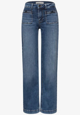 Street One 379778 wide leg high waist jeans i medium blue med påsyede lommer og spænde-detalje