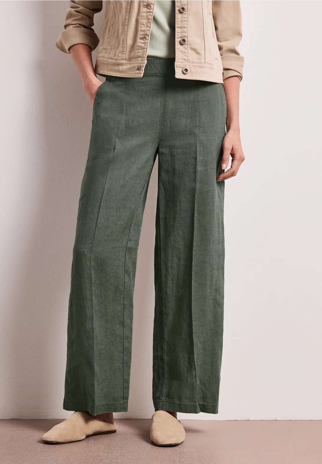 Street One wide leg hørbukser bound green high waist dame