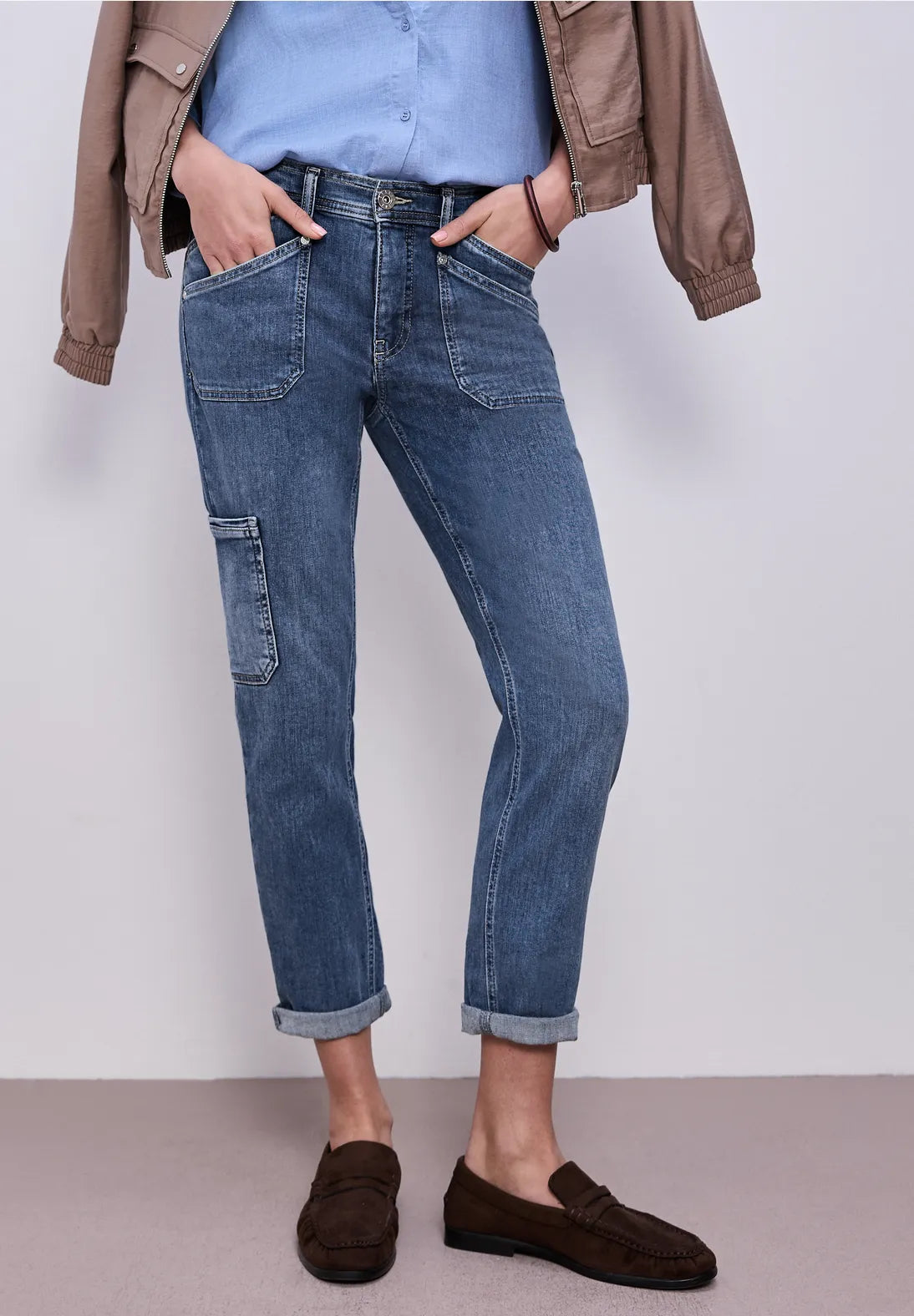 Street One boyfriend cargo jeans i medium blue wash
