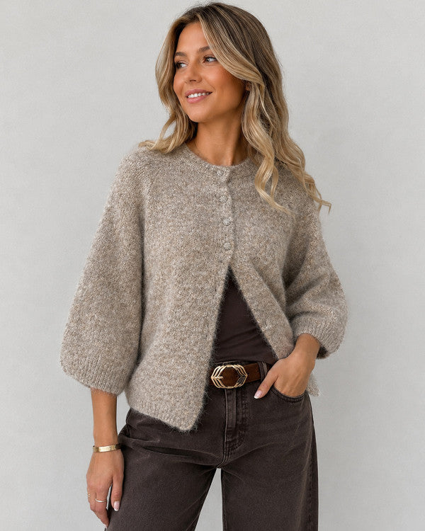 VIBOWS 3/4 Knit Cardigan 14121632 Natural Melange fra VILA
