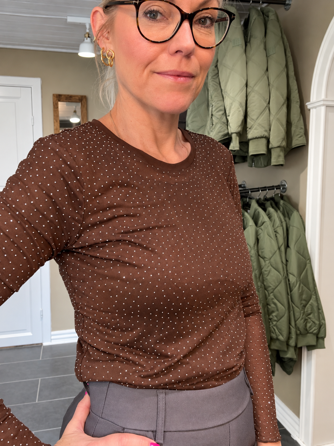 Black Colour Alexis Blouse w Stones 40746 Coffee