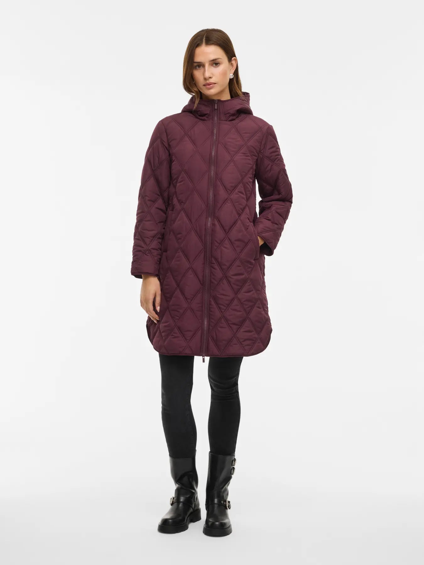 VILA VIQUILA hooded coat i farven Fig – lang frakke med hætte og 2-vejs lynlås