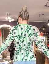 Mansted PANAMA strik – Green (100% øko-bomuld, striber, blomsterprint)