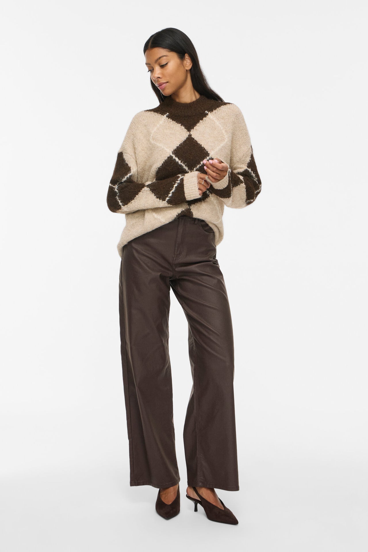 VILA VITORIA HIGH NECK L/S CHECK 14119553 – Coffee Bean/Birch