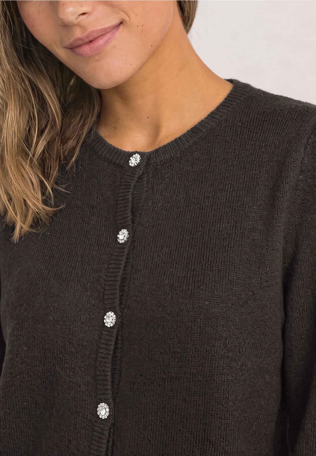 Cosy Roundneck Cardigan Black Coffee Melange fra Street One