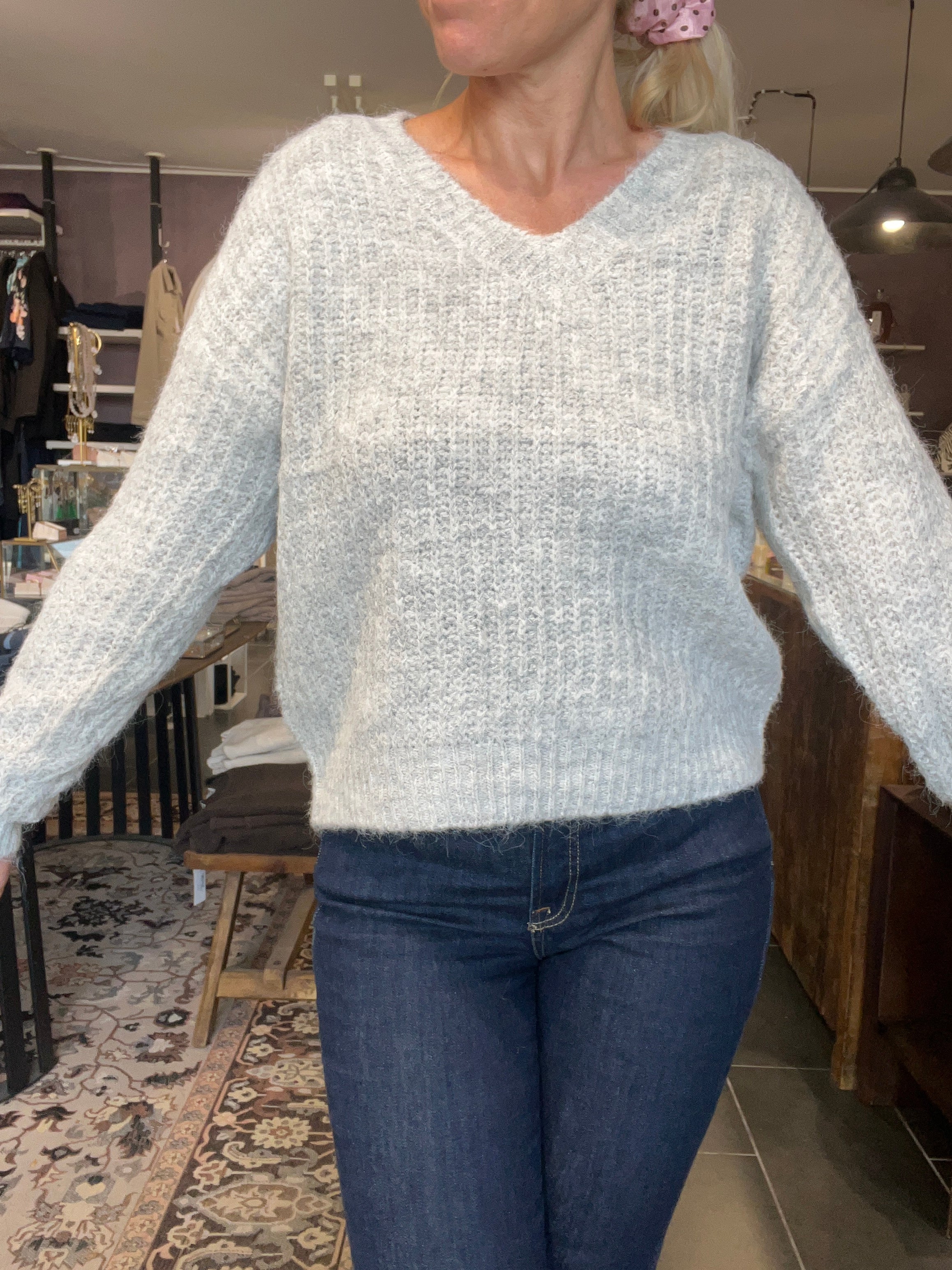 VILA VILAMPE V-Neck L/S Knit Top – Medium Grey Melange (14112721)