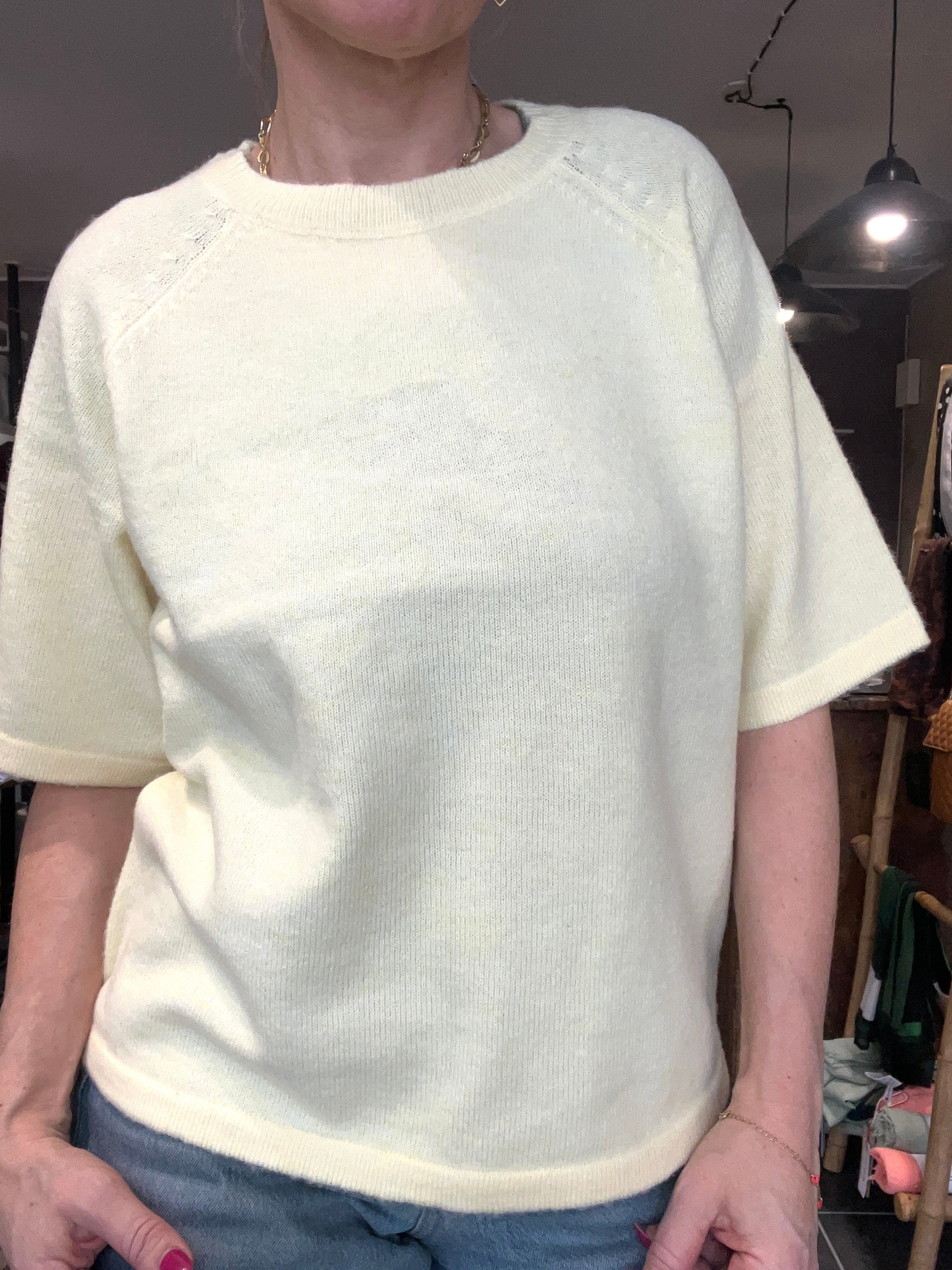 VILA VILIGA 2/4 O-Neck Knit Top – Pastel Yellow Strikbluse