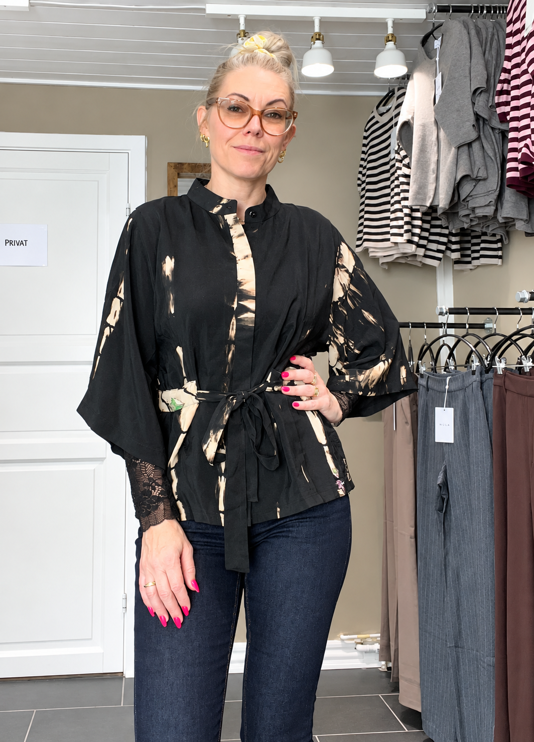 Cofur sort/beige silkekimono i pre-loved vintage sari-silke XS