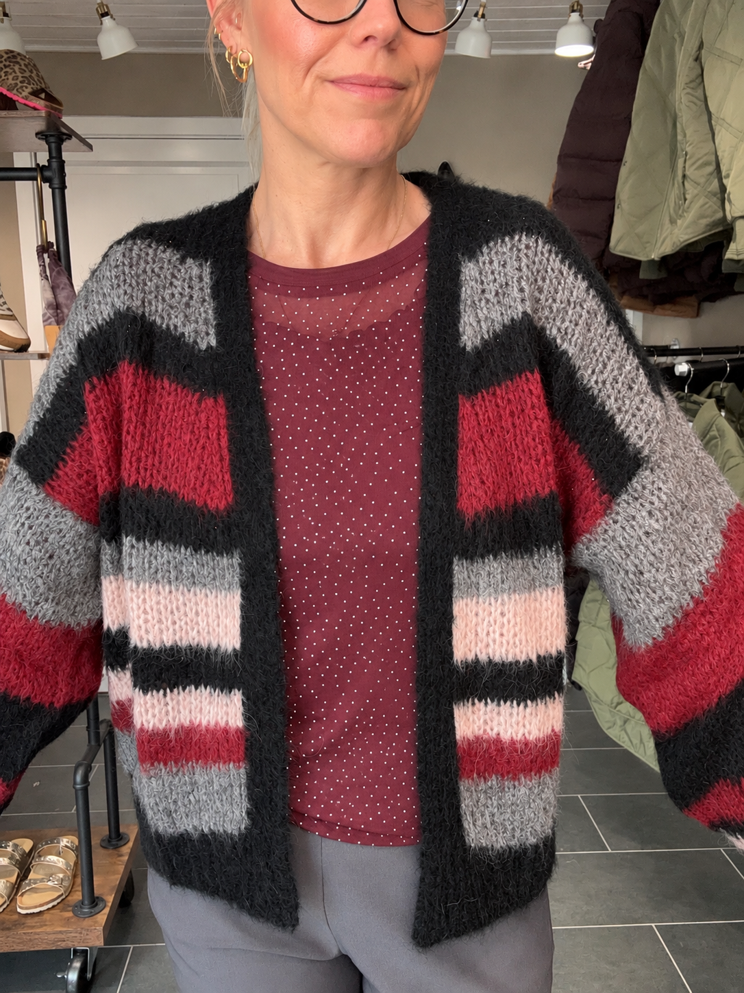 Black Colour Lina Striped Cardigan 1270 Wine