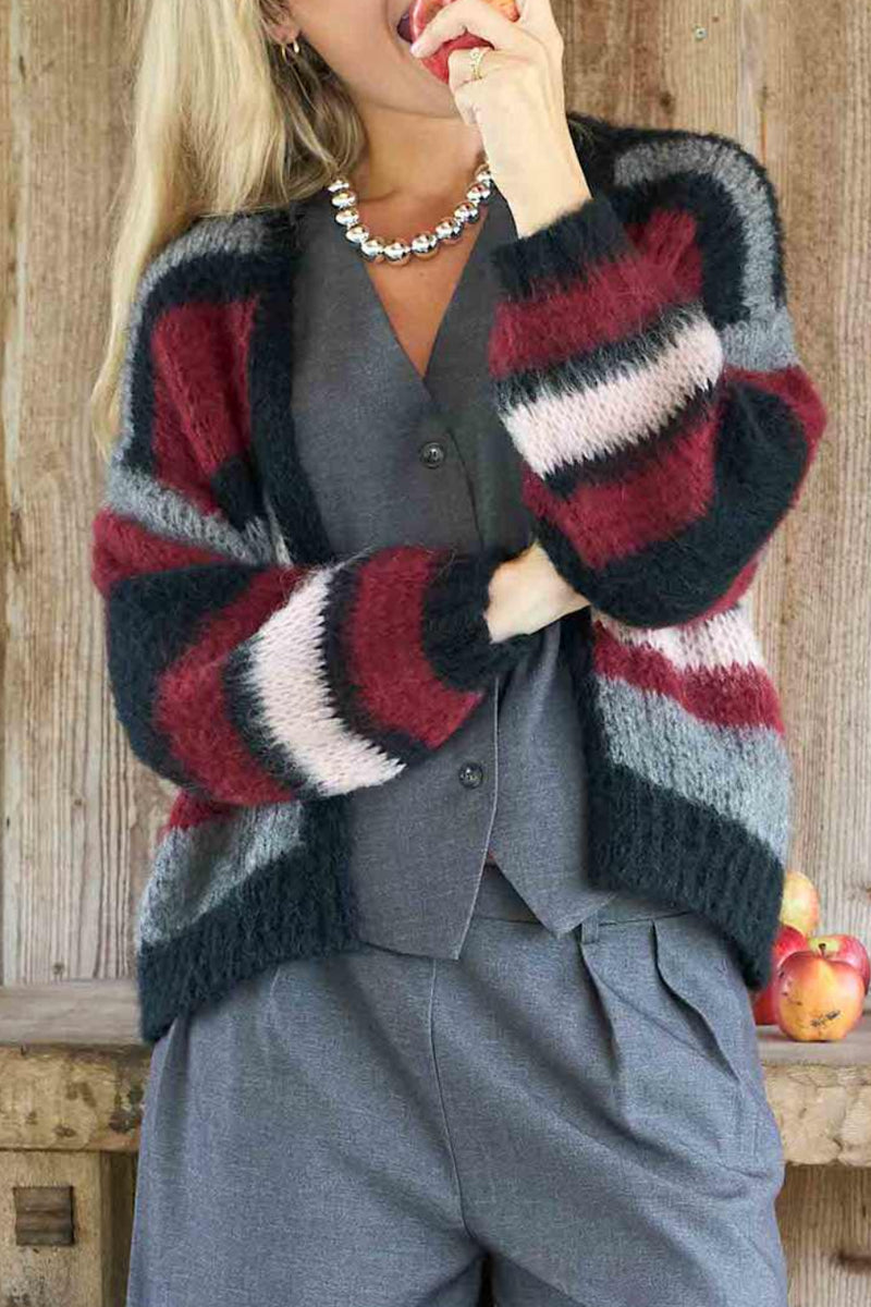 bordeaux og grå stribet cardigan i mohair
