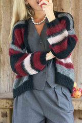 bordeaux og grå stribet cardigan i mohair