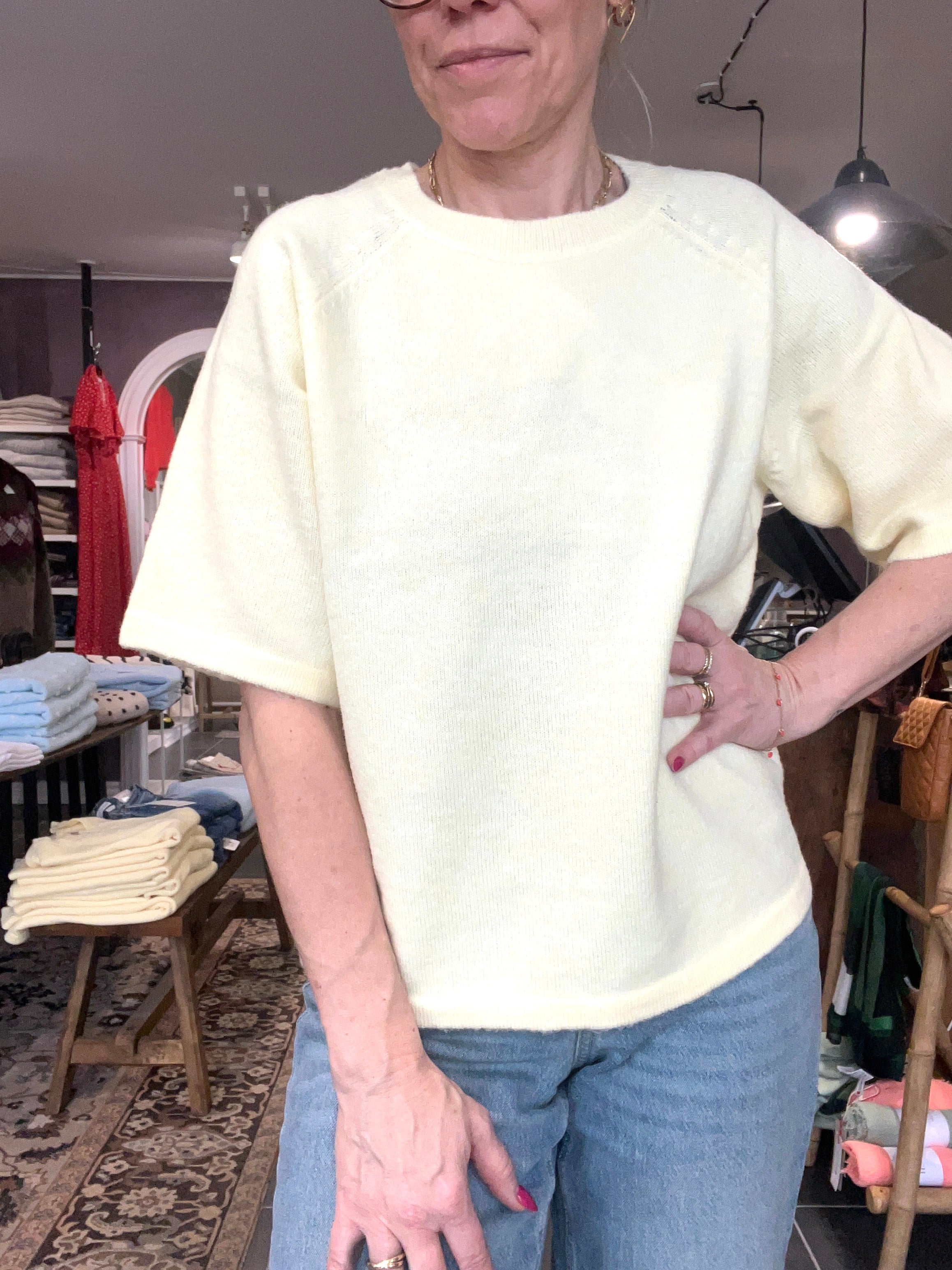 VILA VILIGA 2/4 O-Neck Knit Top – Pastel Yellow Strikbluse