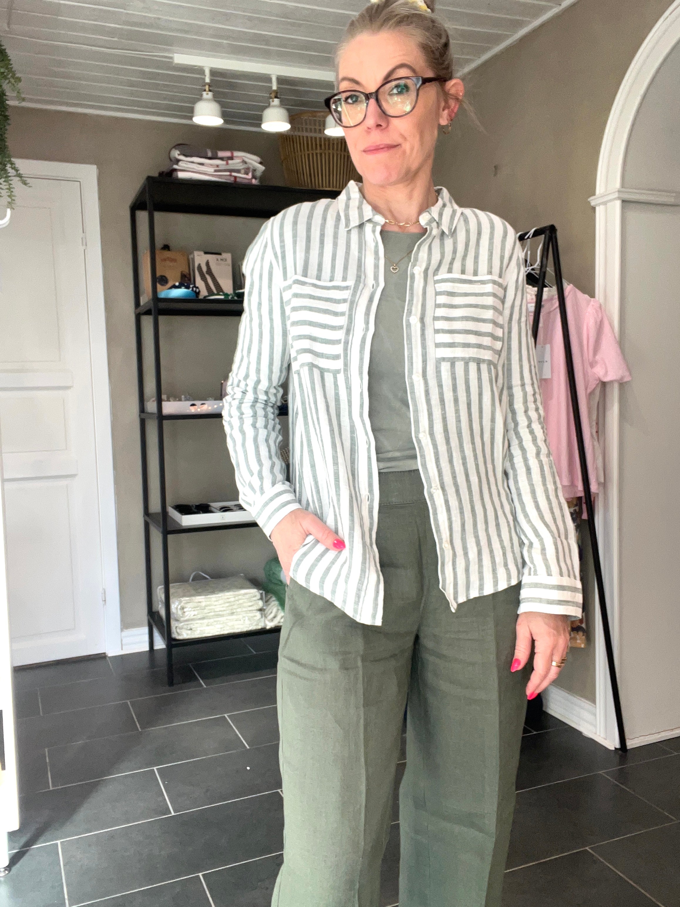 Street One Wide Leg Button HW Linen Bukser 379811 – Bound Green