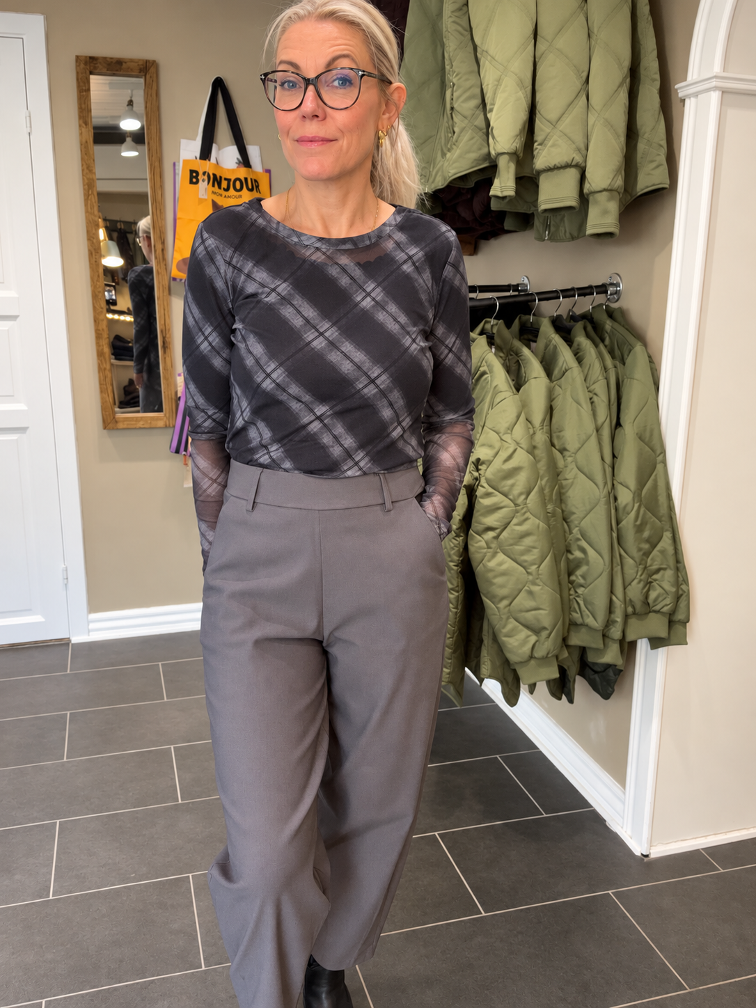 Black Colour Grey Tartan transparent meshbluse