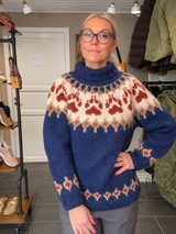 Håndstrikket Balustrik sweater med hundepoter i blå og orange