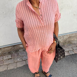 Black Colour Melina SS Linen Shirt – Rose Stripe – Kortærmet Hørskjorte