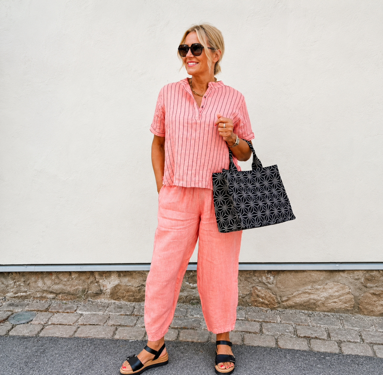 Black Colour Melina SS Linen Shirt – Rose Stripe – Kortærmet Hørskjorte
