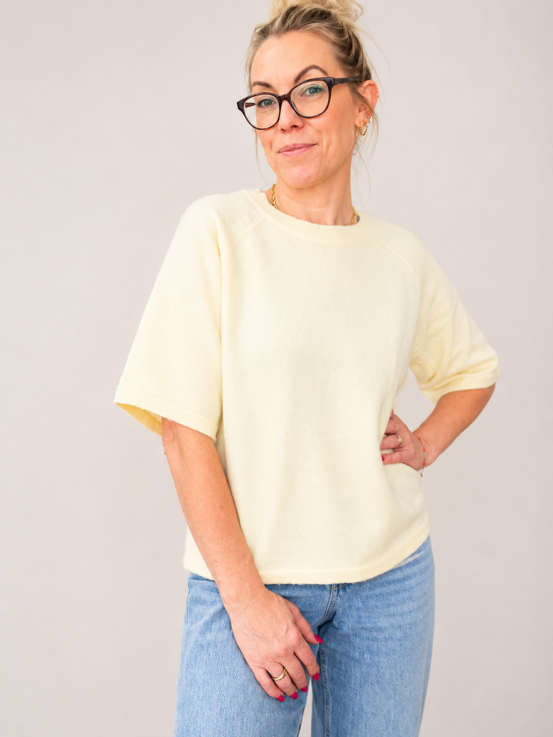 VILA VILIGA 2/4 O-Neck Knit Top – Pastel Yellow Strikbluse