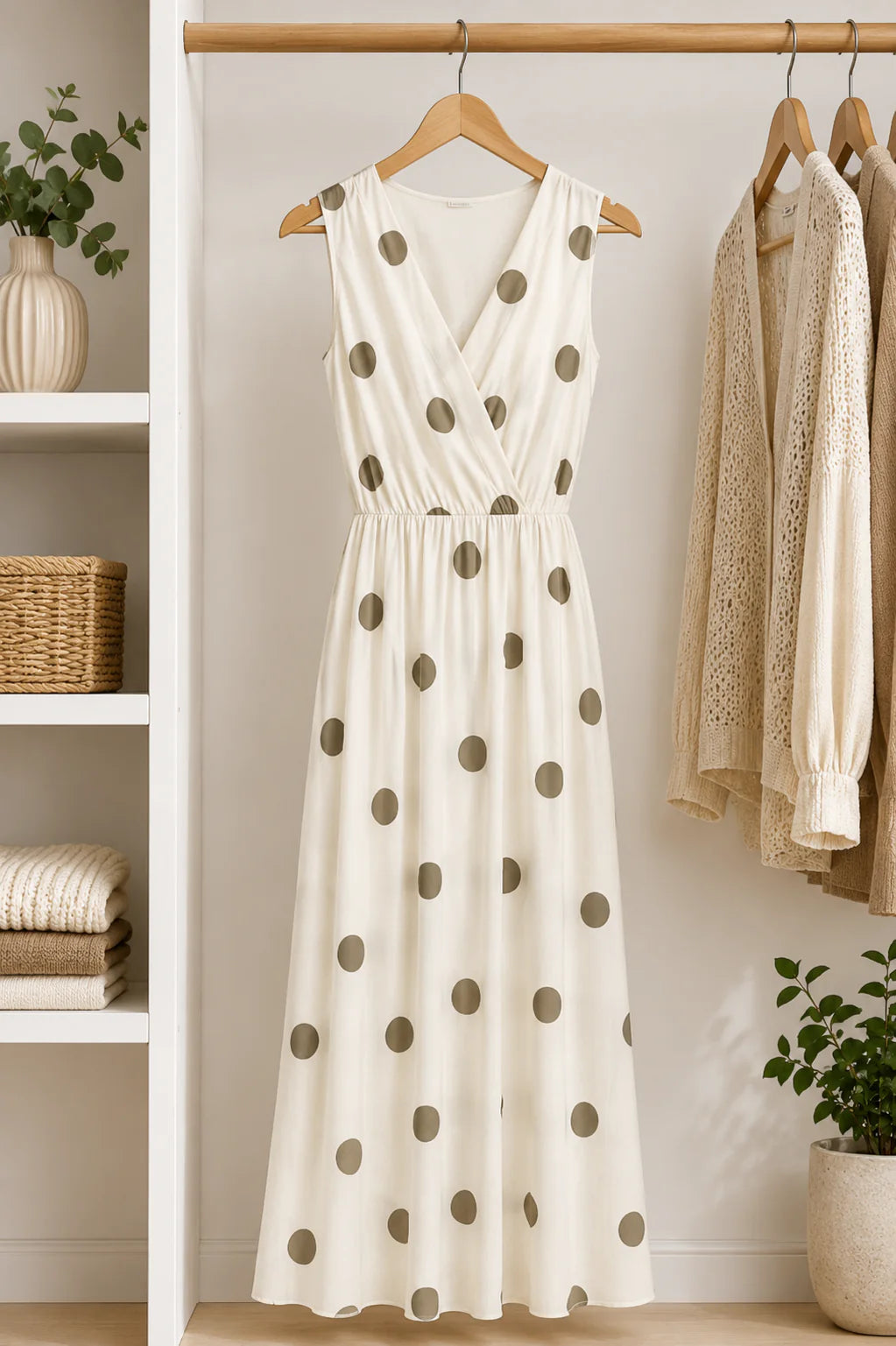 Beige midi kjole med prikket print