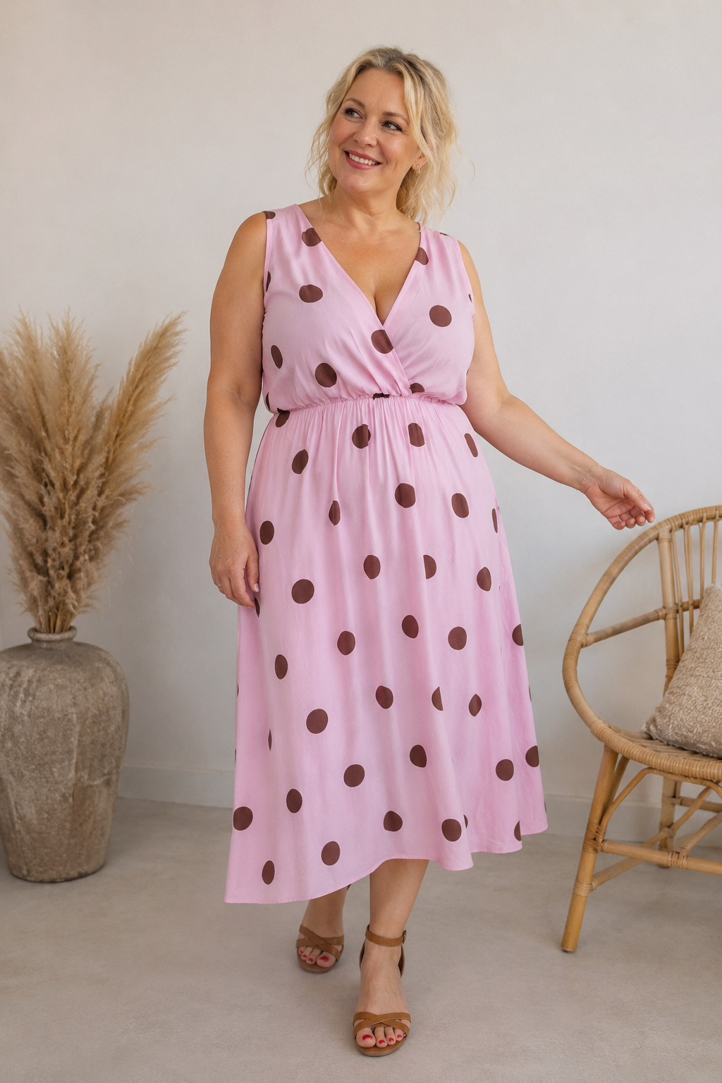 Pink midi kjole med prikket print