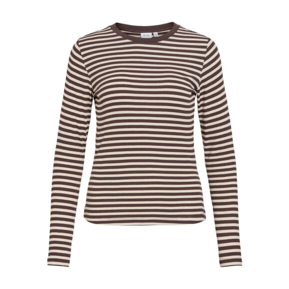 VILA langærmet ribtop i Coffee Bean Stripe