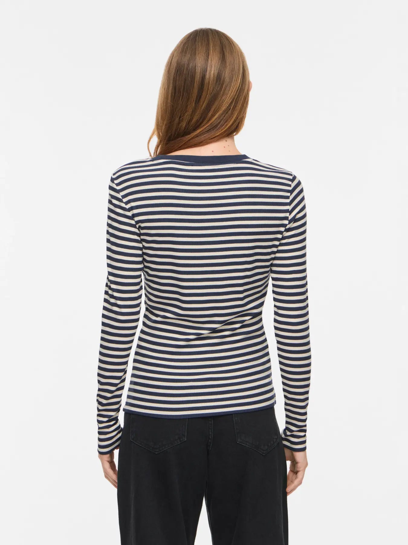 Dame ribtop med navy og lyse striber