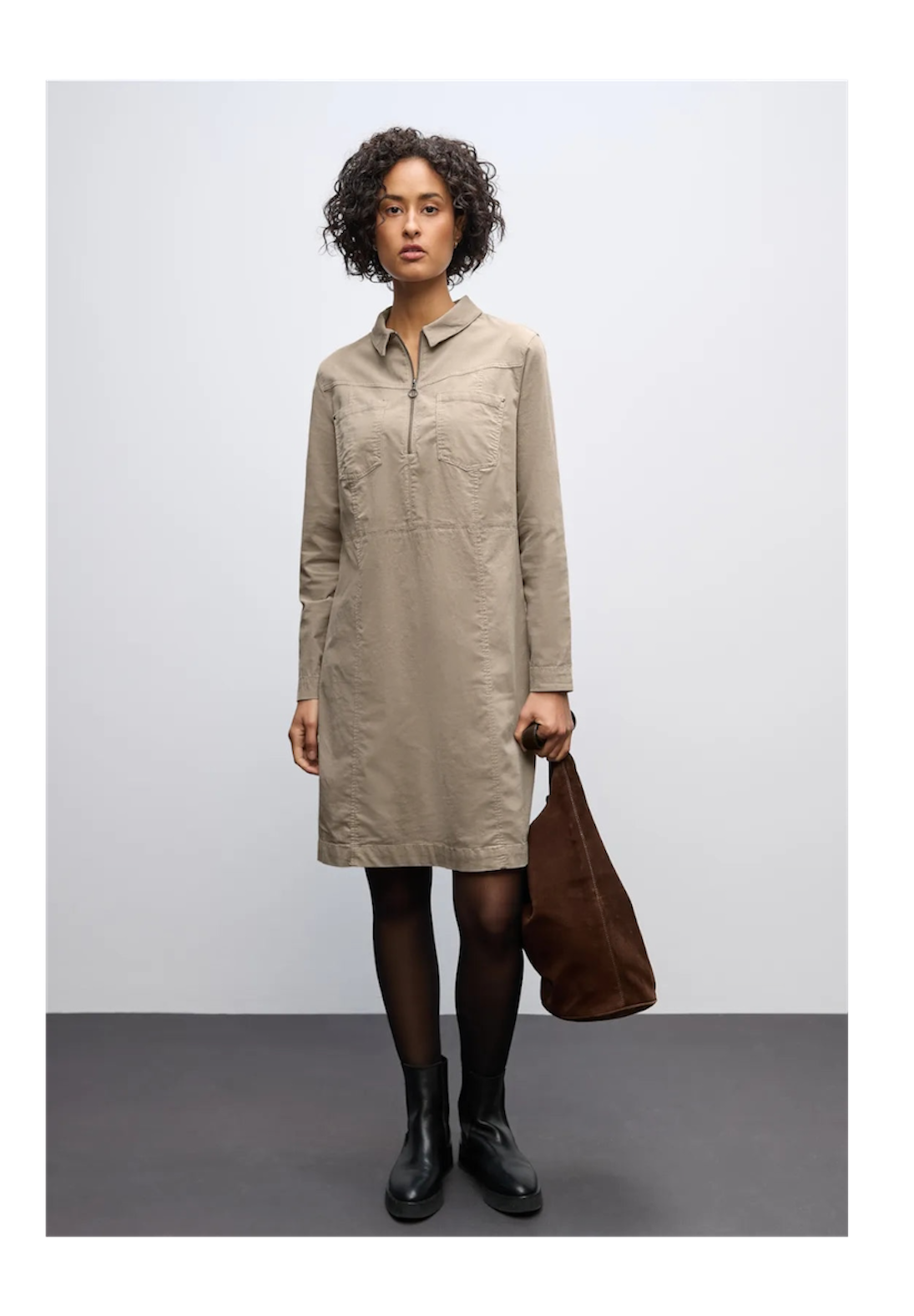 Street One babyfløjlskjole med lynlås – Morning Beige (144679)