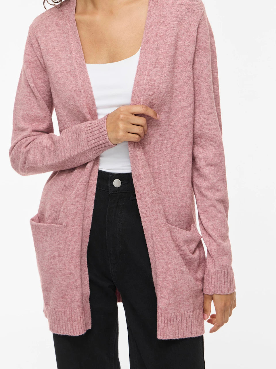 VILA lang strikcardigan i rosa med lommer foran