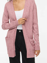 VILA lang strikcardigan i rosa med lommer foran