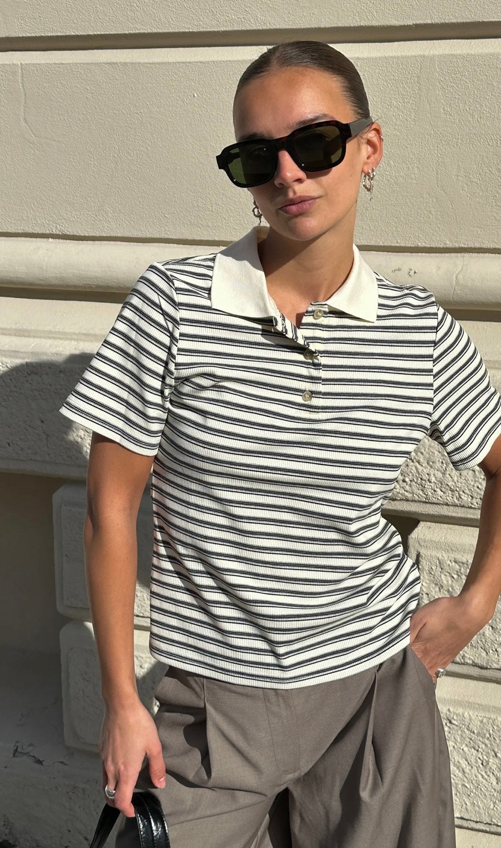 Noella - Leyna polo top - sugar grey stripe