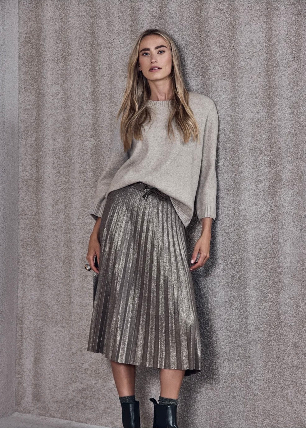 Street One - Midi plissé nederdel - glimmer beige