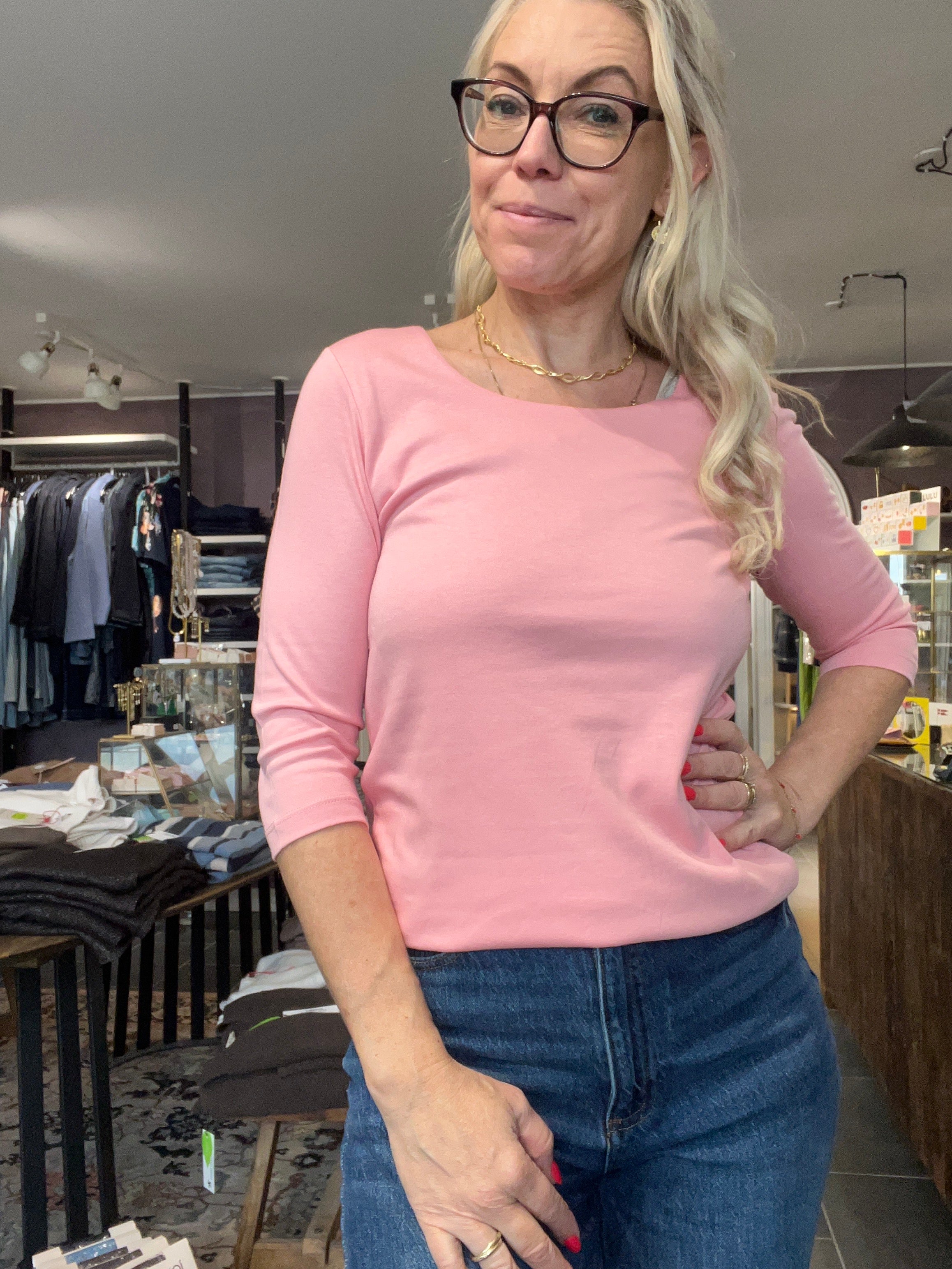 Street One Pania 317659 T-shirt i powder pink med 3/4-ærmer og rund hals