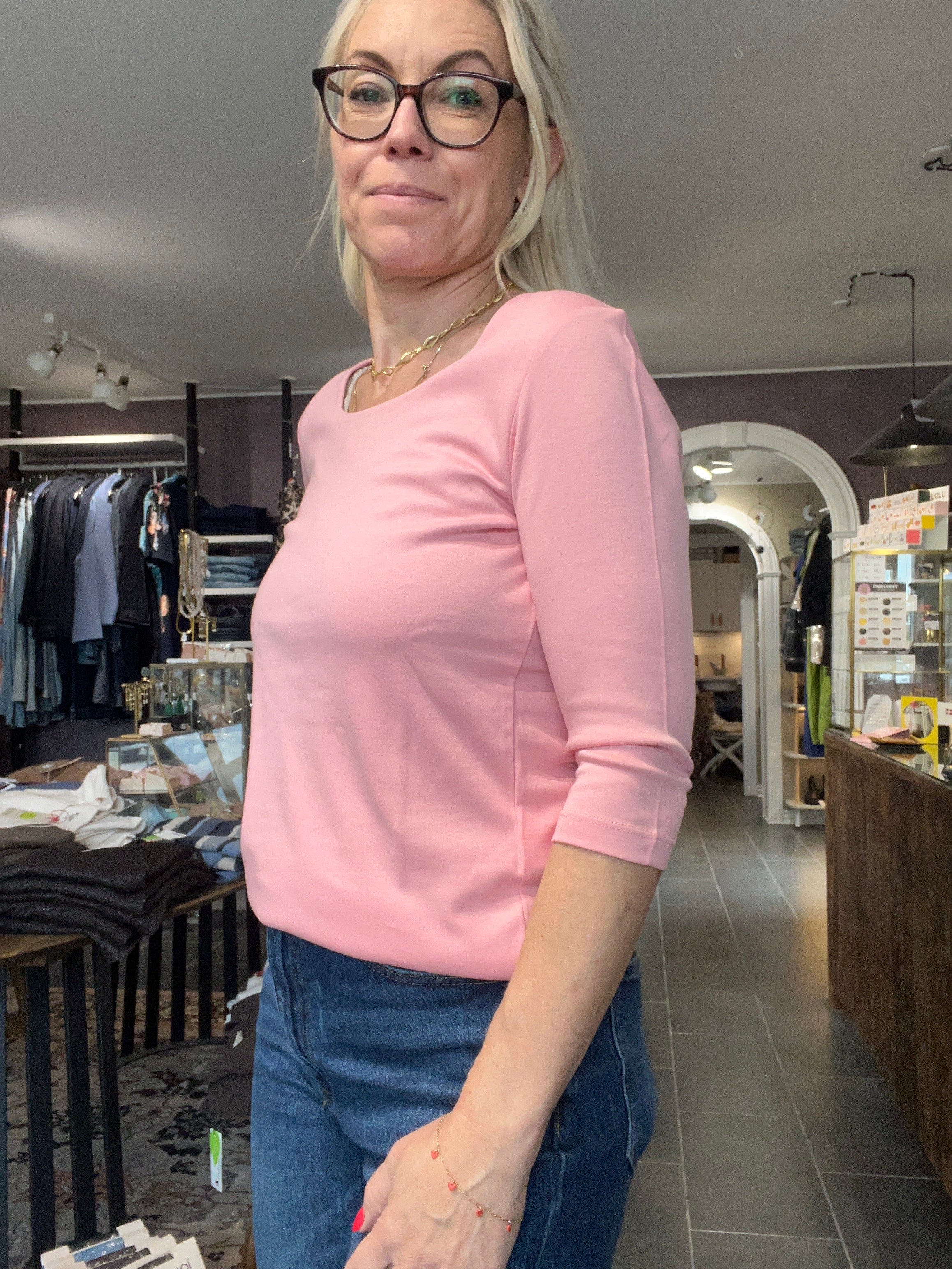 Street One Pania 317659 T-shirt i powder pink med 3/4-ærmer og rund hals