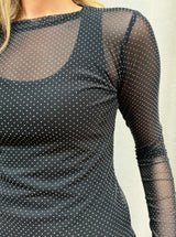 Black Colour transparent meshbluse med sorte prikker