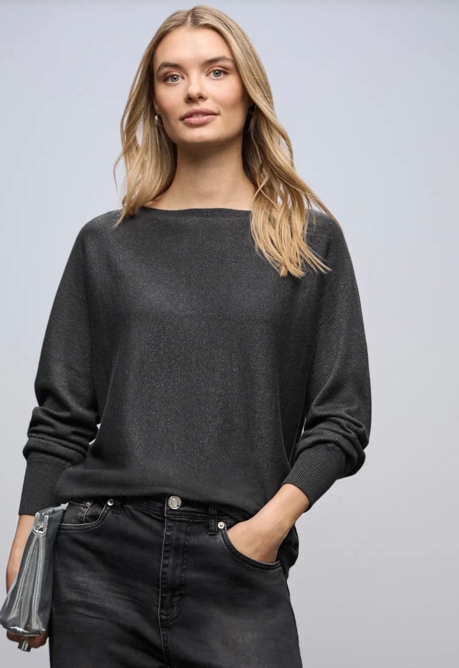 Street One Glitsende Dolman Pullover i Gravel Grey Meleret