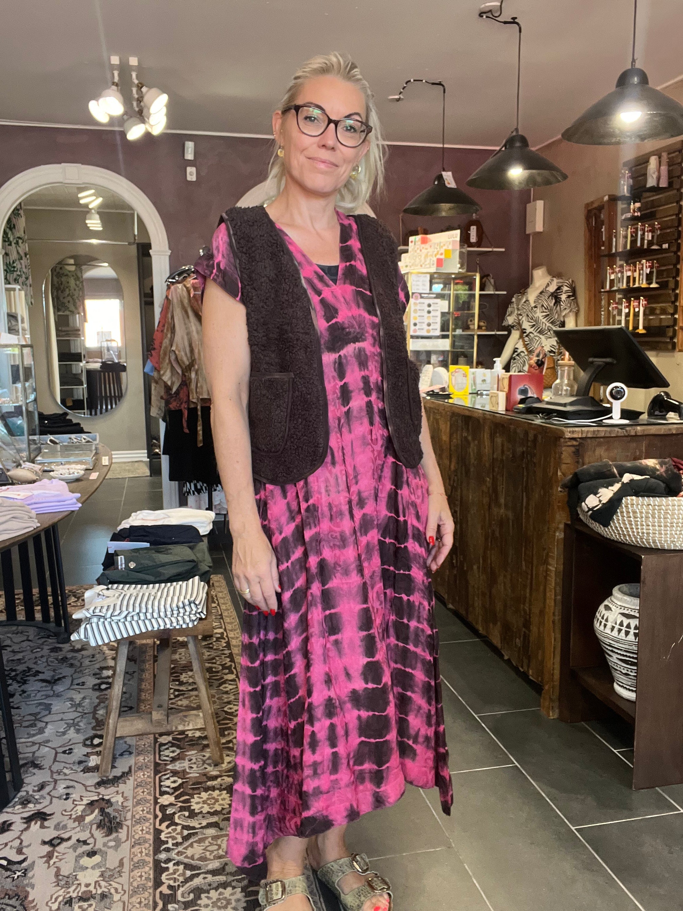 Cofur Casual Dress Long S310 – pink tie-dye unika silkekjole (S/M, 34–38)