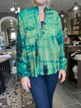 Cofur City Blouse S156 – grøn/blå tie-dye unika silkebluse (S/M)