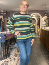 Mansted MATHILDE strik – 38 Dark Green, front med multicolor striber
