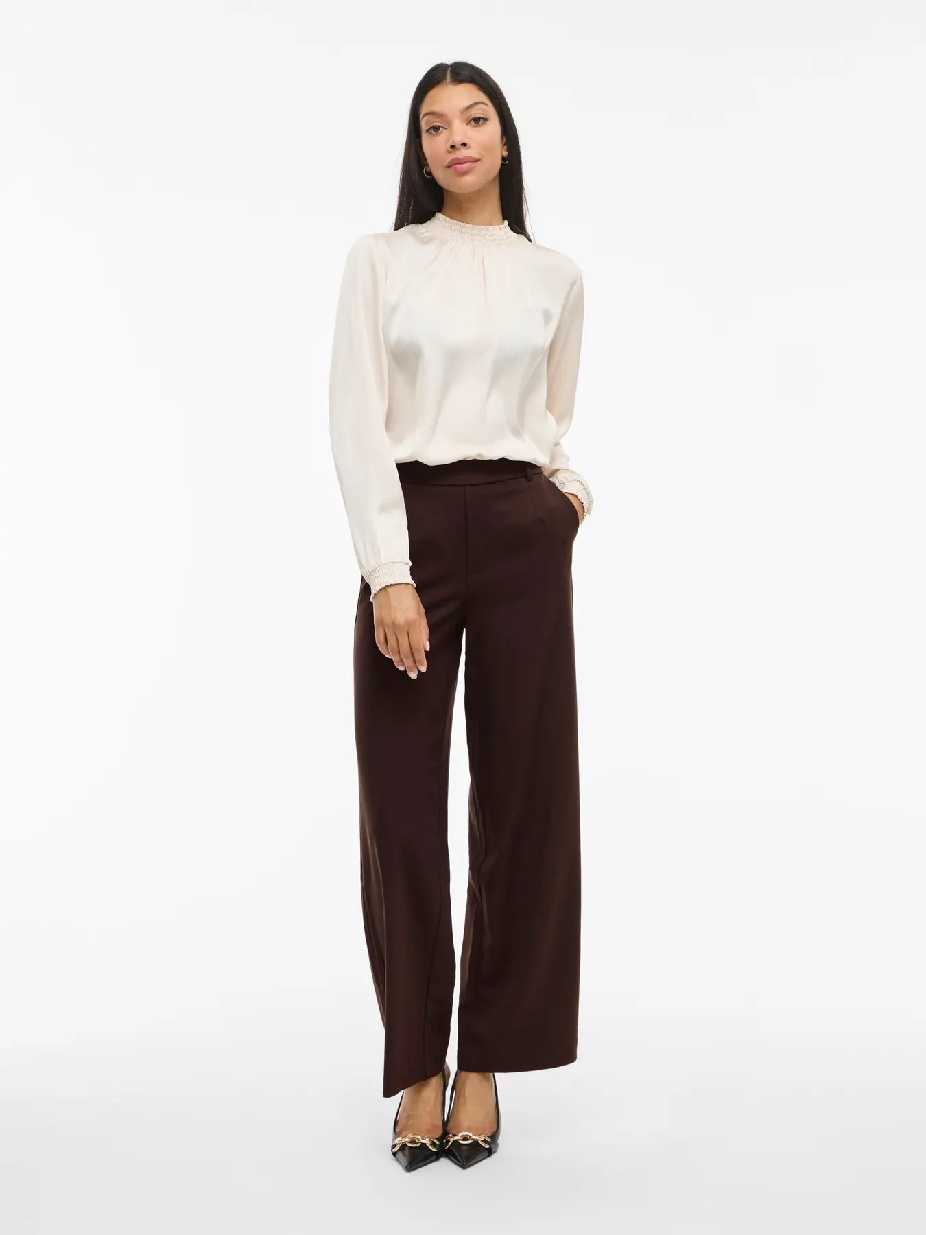 VILA Vivarone HW Wide Pant i farven Coffee Bean – højtaljede bukser med vide ben