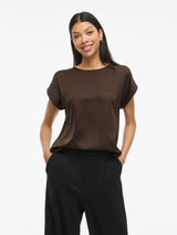 VILA Viellette S/S Satin Top i Coffee Bean – kortærmet satinbluse (14059563)