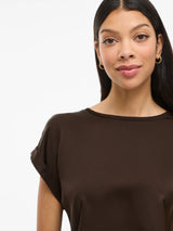 VILA Viellette S/S Satin Top i Coffee Bean – kortærmet satinbluse (14059563)