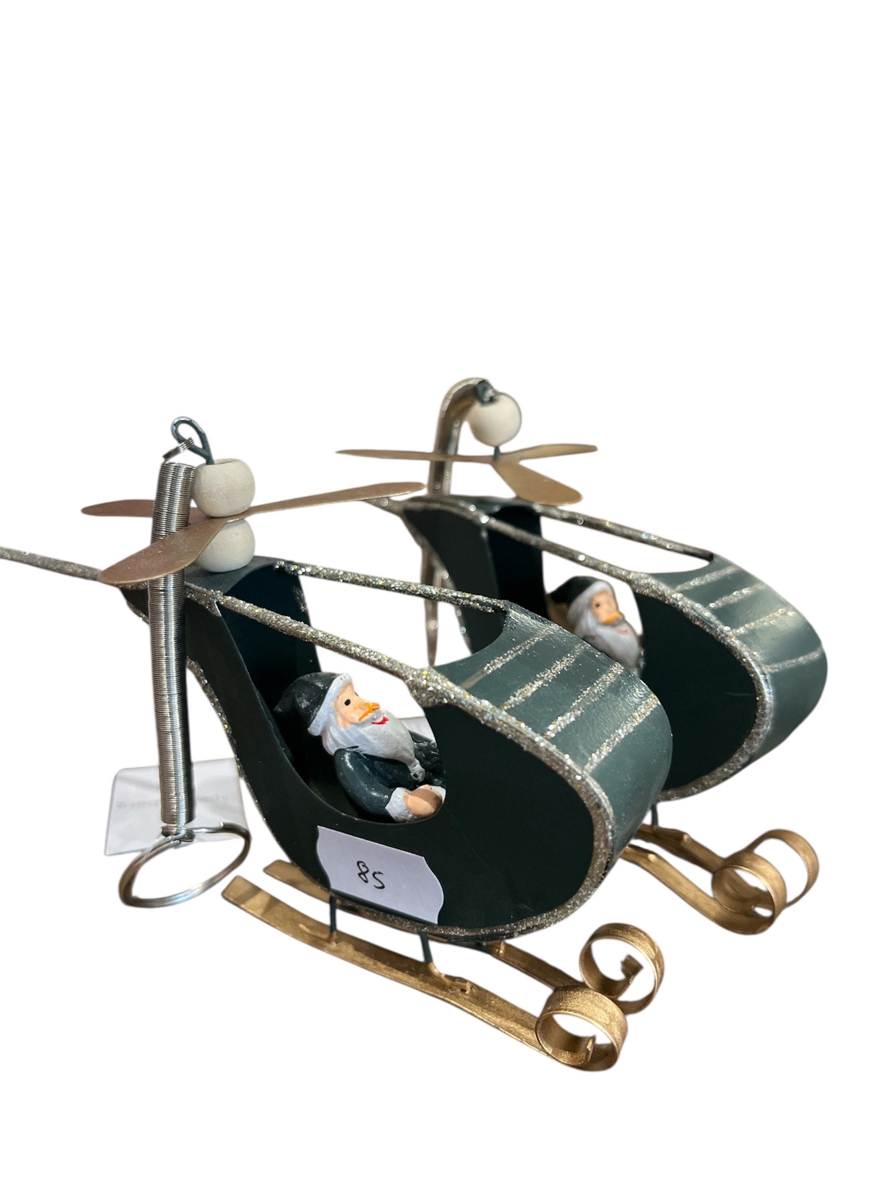 Speedtsberg julepynt – helikopter med julemand i grøn, ophæng på spiralfjeder.